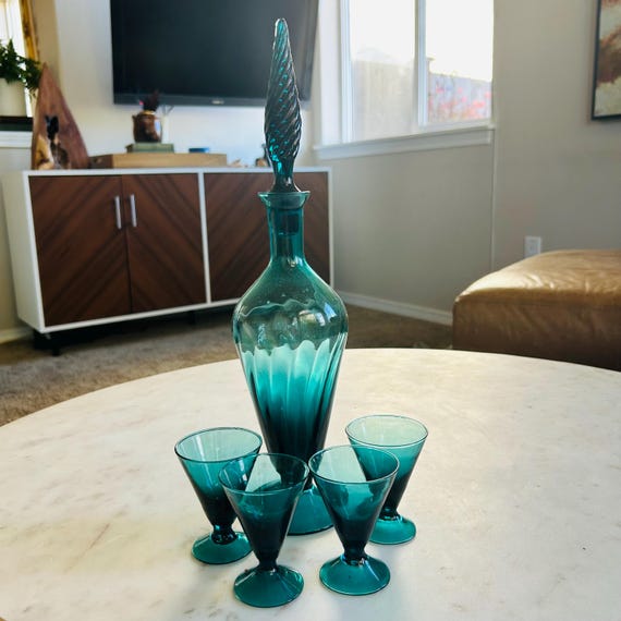r125イタリア製 Empoli ヴィンテージ ターコイズガラス 蓋付き装飾壺 Empoli Italian Turquoise Art Glass Cocktail Decanter and Cordial