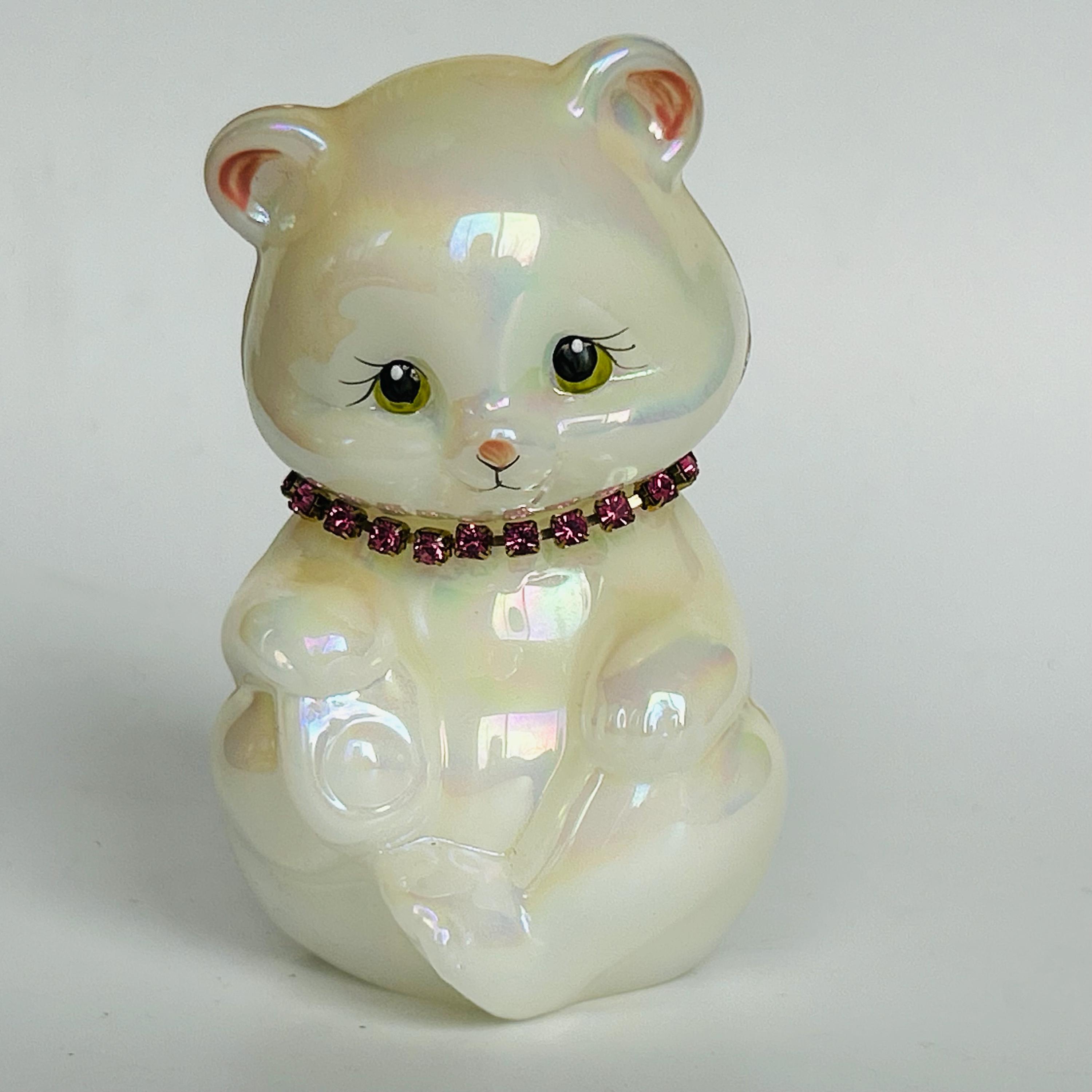Fenton Art Glass Pearl White Iridescent Rhinestone Sitting Bear Figurine Signed