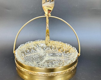 Divided Glass Crystal Dish Gold Metal Jam Sugar Dish Caddy