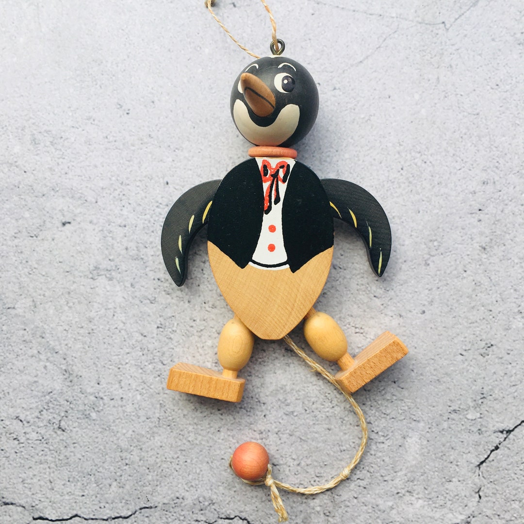 Wood Hand Painted Penguin Pull String Ornament 5.5 Etsy