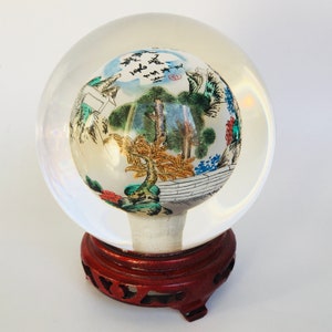 Reverse Painted Great Wall Vintage Glass Crystal Ball Sphere Signed 4.5 image 4