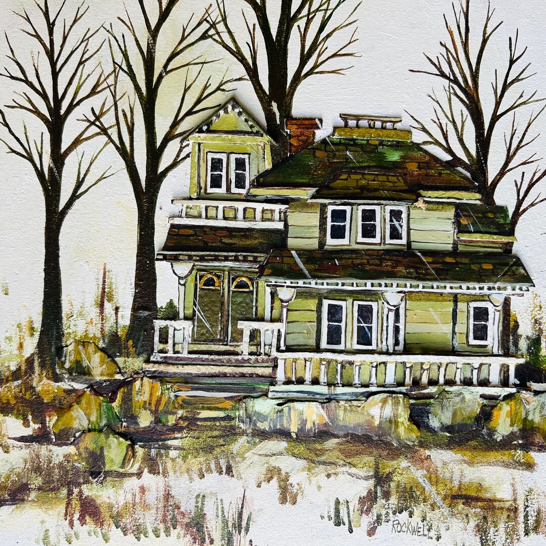 Watercolor Mixed Media Victorian House Painting on Wood Canvas Signed ...
