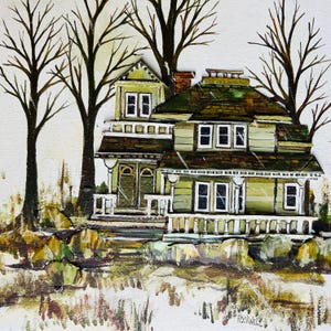 Watercolor Mixed Media Victorian House Painting on Wood Canvas Signed Rockwell