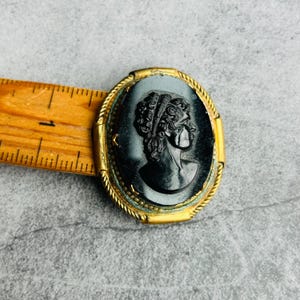 Gold Tone and Black Carved Vintage Lady Cameo Brooch