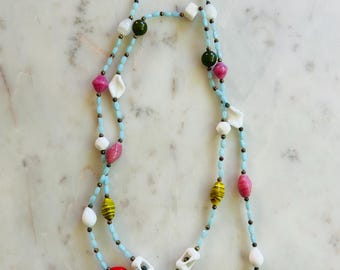 Blue and Multi Colored Glass Vintage Beaded Long Necklace 24"