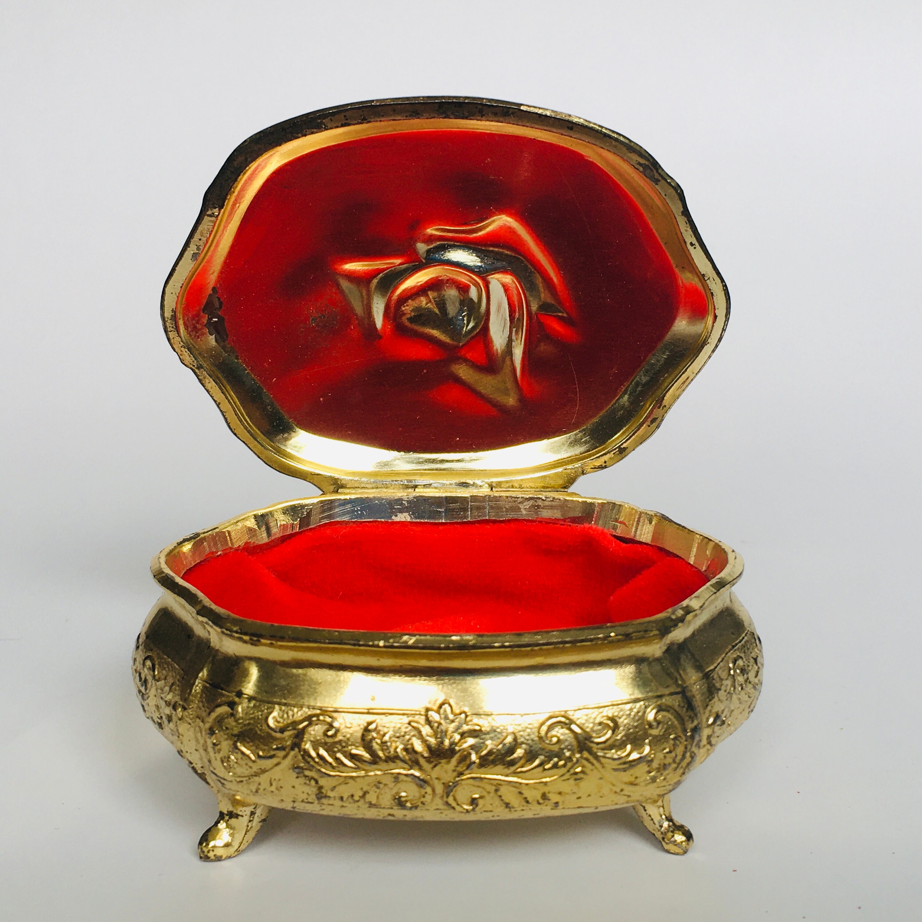 Gold Tone Red Velvet Lined Rose Lid Footed Vintage Trinket Box