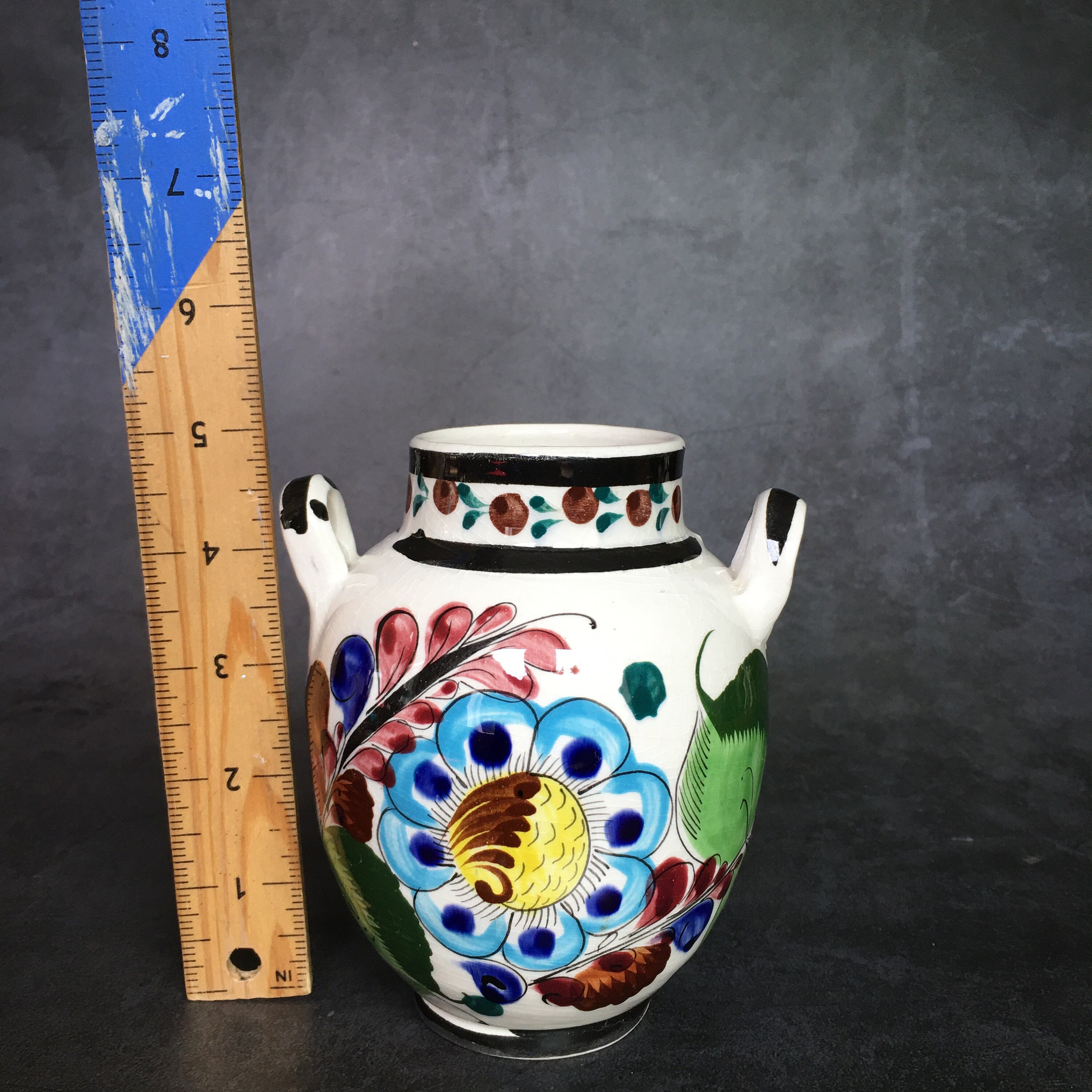 メキシコ フォークアート 陶器 ダブルハンドル 花柄 ガーデン ペイント