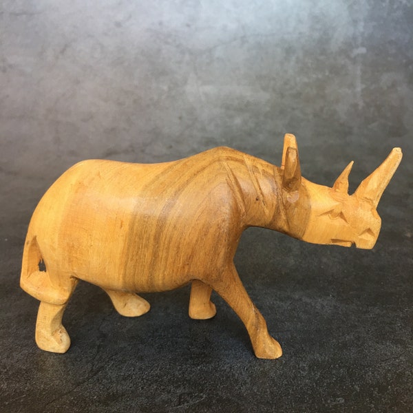 Wood Hand Carved Rhinoceros Rhino Figurine 2.75"x4.5"