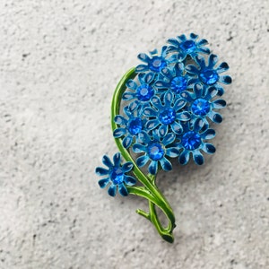 Blue Rhinestone Cluster Floral Flower Spray Brooch 2&quot; Unmarked
