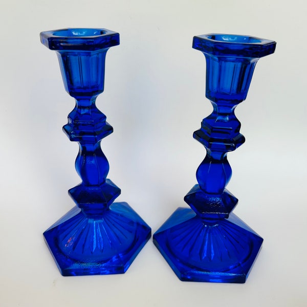 Cobalt Blue Glass Candlesticks Candle Holders Set Of 2 7.25"