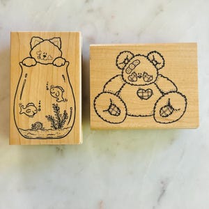 Darcie&#39;s Country Folk Kitty + Get Well Bandage Bear Wood Mounted Rubber Stamps