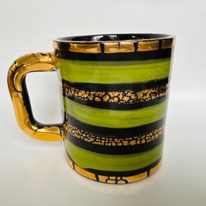 Green and Gold Striped Vintage Fratelli Fanciullacci Italian Pottery Mug
