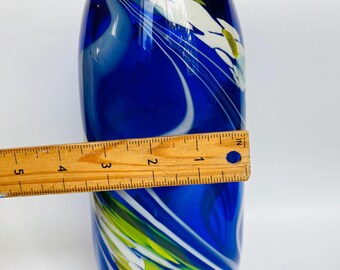 Cobalt Blue Swirl Art Glass Vase Artist Signed WRK 10