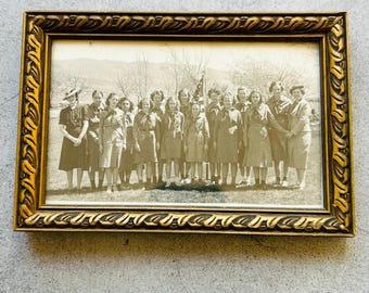 Antique Girl Scouts Group Photograph Framed Sepia Outdoor Troop Portrait 30s-40s