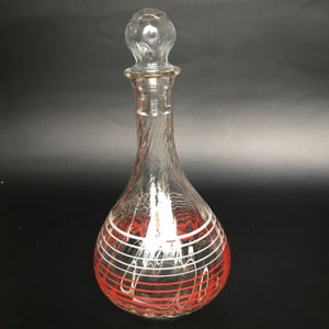 Retro Glass Decanter with Red and White Stripe Design w Stopper