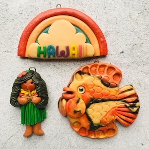 Kailua Bay Co Clay Hawaii Hula Rainbow and Koi Fish Hawaiian Ornament Lot of 3