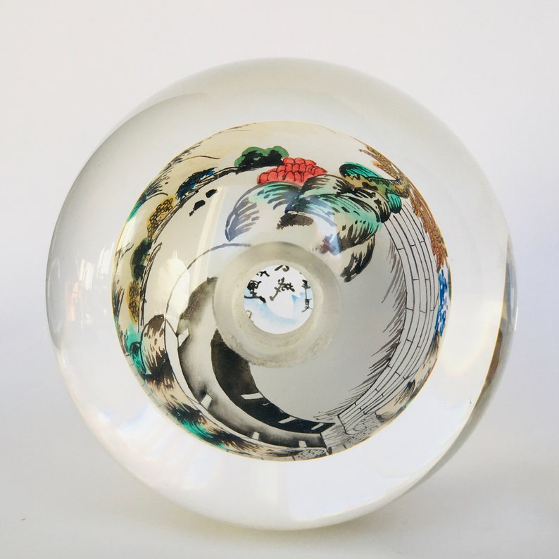 Reverse Painted Great Wall Vintage Glass Crystal Ball Sphere Signed 4.5 image 8
