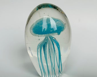 Art Glass Clear Turquoise Jellyfish Egg Shaped Paperweight 3.5" Unmarked