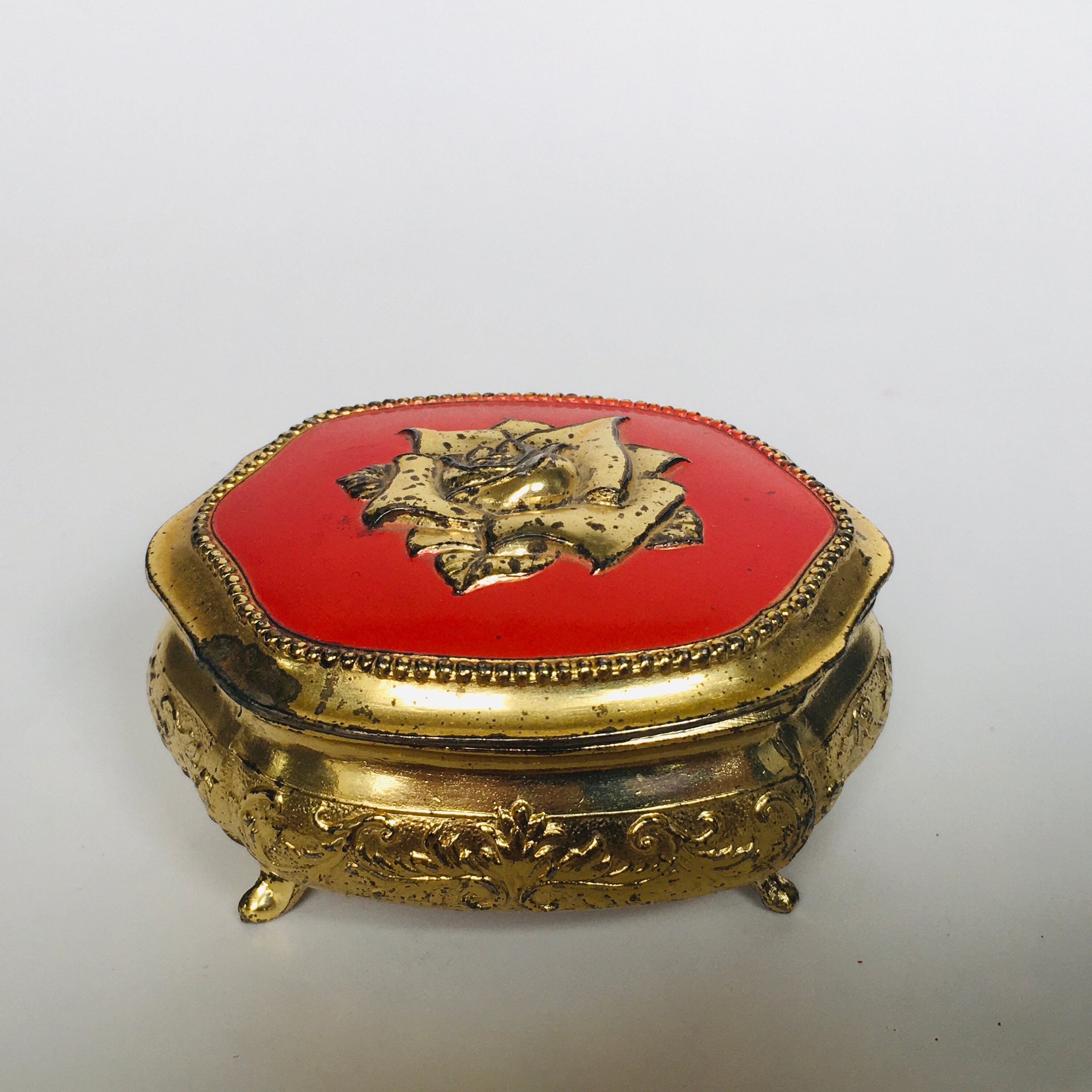 Gold Tone Red Velvet Lined Rose Lid Footed Vintage Trinket Box