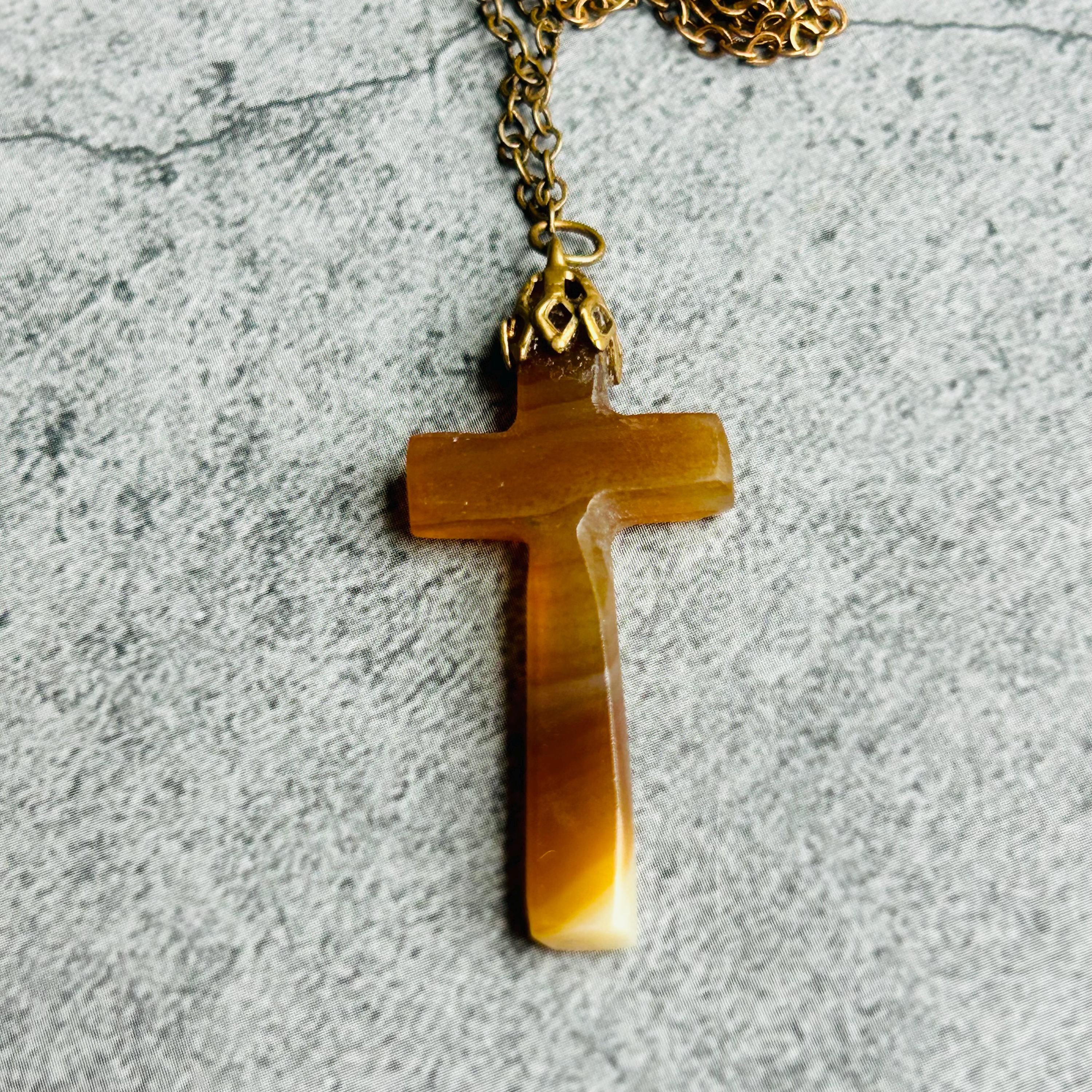 Pendentif Croix En œil De Tigre Naturel - Collier Avec Cordon 45cm + Chaînette 5cm, Neuf Sans Emballage