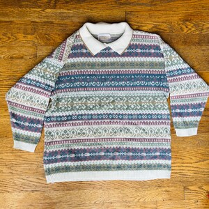 Saisonkarte Vintage Rosa und Blau Kragenpullover Damen Größe L