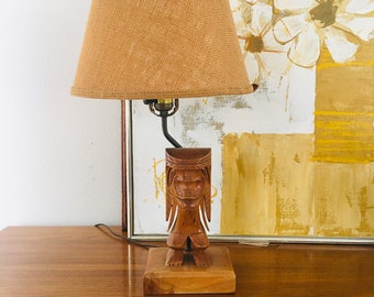 Carved Wood Tiki Figure Lamp with Shade 21"