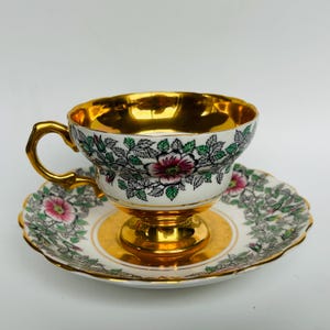 Rosina Bone China England Pink and Black Floral with Gold Trim Teacup and Saucer