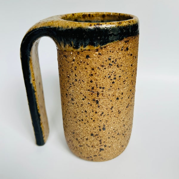 Art Pottery Earth Tones Tall Coffee Mug with Long Handle Signed 6.25"