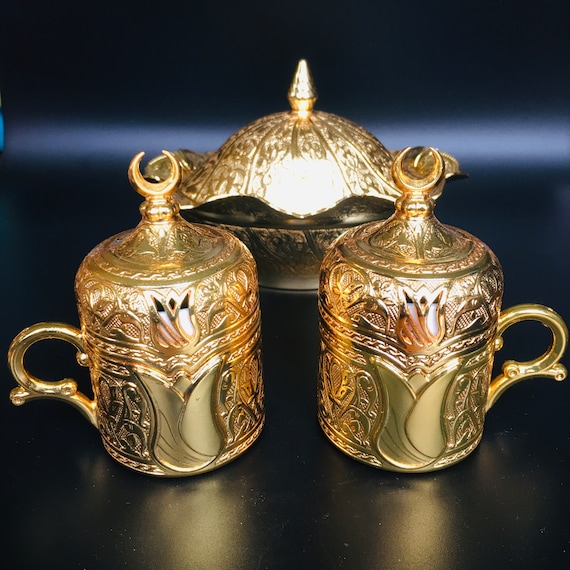 Porland Premium Gilded Gold Plate SENA Turkey Tea Cup and Sugar