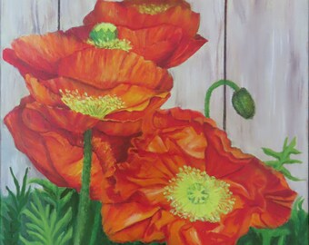 Vibrant Poppies By The Fence ORIGINAL Acrylic Painting