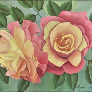 庭のバラ、オリジナルのアクリル絵画、花の絵画、ピンクの花