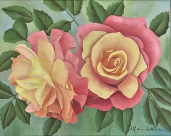 庭のバラ、オリジナルのアクリル画、花の絵画、ピンクの花、16x20の