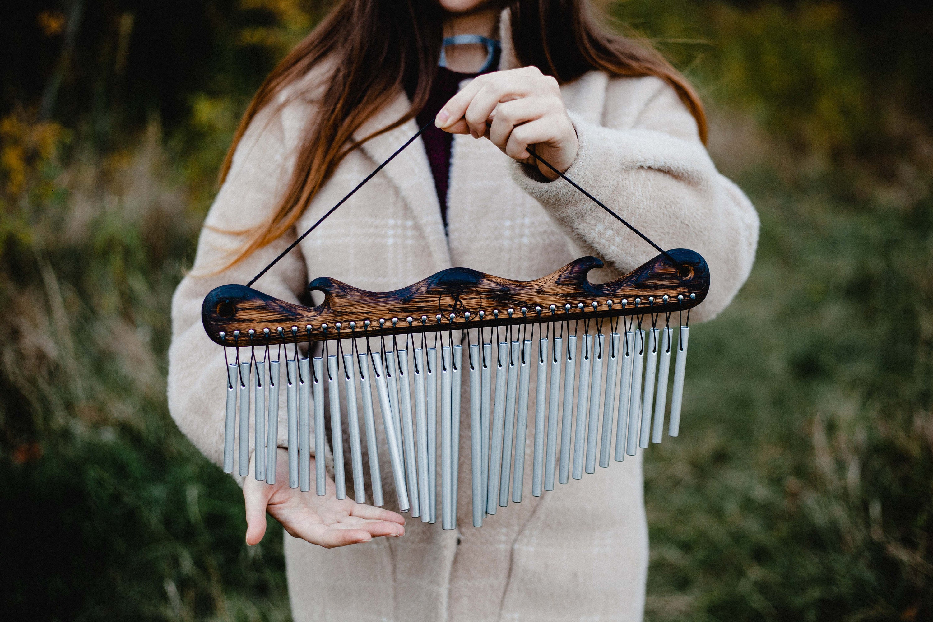 Sound Healing Wind Chimes -wood custom handmade musical instrument for music therapy, meditation chakra 33 chime bell deep tone, unique gift