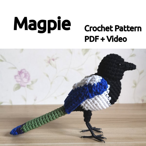 Magpie,crochet pattern with video,amigurumi pattern,PDF file