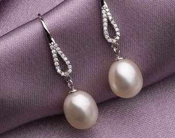 Delicate! 8-9mm White Freshwater Pearl 925 Sterling Silver Drop Earrings for Women Casual Occasional Formal Jewelry Wear