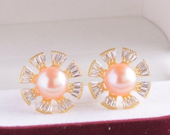 Vivian Sterling Silver Pink Freshwater Pearl 10mm Round Pearl Stud Earrings 
