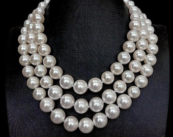 Bridal Wear! Graduated three-layers White Sea Shell Pearls Jewelry 11-15mm 17.5" -22.5” Huge Pearl Necklace