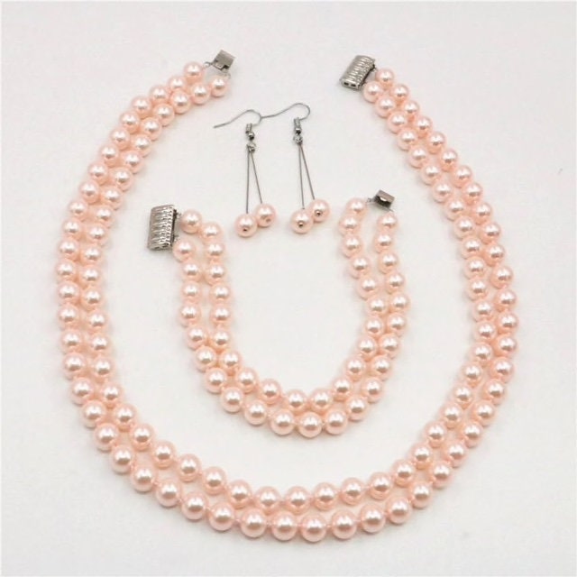Pink Pearls Jewelry Set Pearl 2 Rows 