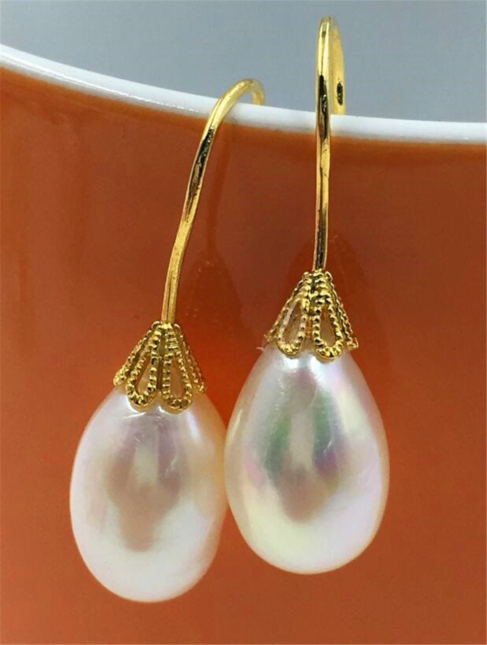 Natural 11-12MM HUGE south sea pearl earrings 18K GOLD earbob TwoPin teardrop Natural 11-12MM HUGE south sea pearl earrings 18K GOLD earbob TwoPin teardrop