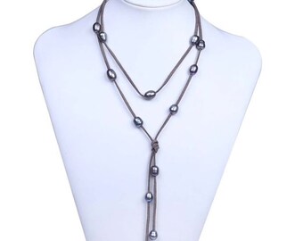 Natural Gray Freshwater Pearl  Jewelry Black Leather Rope Necklace