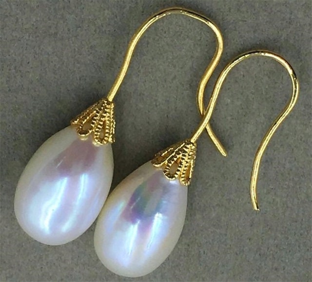 Natural 11-12MM HUGE south sea pearl earrings 18K GOLD earbob TwoPin teardrop Natural 11-12MM HUGE south sea pearl earrings 18K GOLD earbob TwoPin teardrop