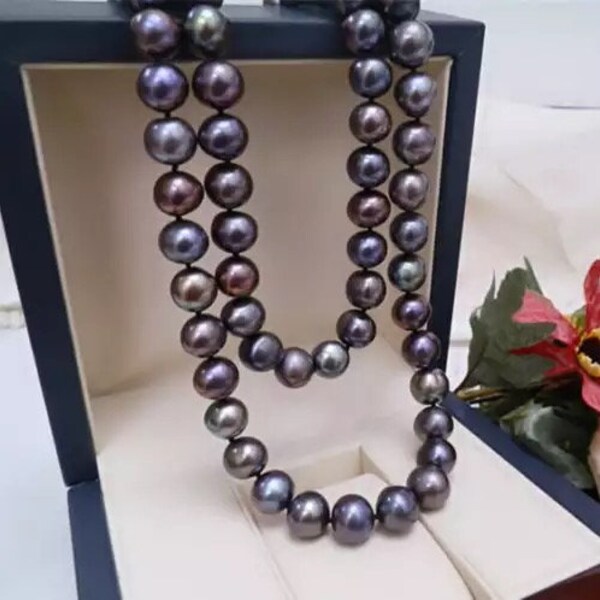 18-Inch Natural Tahitian Rice Black Pearl Necklace - 9-10mm Baroque Pearls, Silver Plated