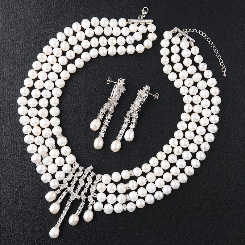 Classic Wedding Jewelry Set 4 Strands White Cultured Pearls Etsy