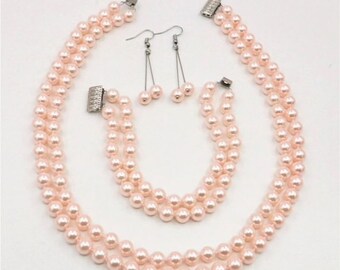 Pink Pearls Jewelry Set Pearl 2 Rows Necklace bracelet Earrings Natural Shell Pearls for Women