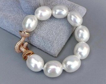 Large Pearls Jewelry 16x19mm White Sea Shell Egg Shape Pearl 18K Gold Plated Cubic Zirconia Pave Clasp Bracelet for Women All Occasions