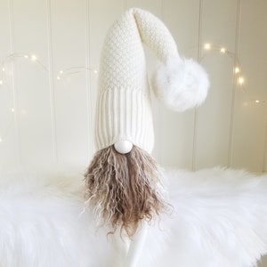 Handmade Cream Gnome: Curly Brown Beard, Rabbit Fur Pom Pom
