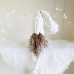 Handmade Cream Gnome: Curly Brown Beard, Rabbit Fur Pom