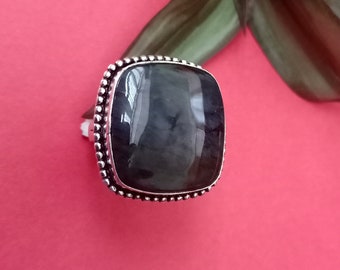 Anillo de piedras preciosas de ojo de tigre azul natural, joyería de plata, regalo para ella