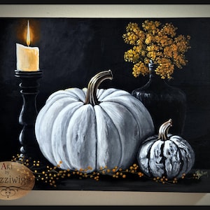 Original 11&quot;x 14&quot; &quot;Candlelit Harvest&quot; Pumpkins & Candlelight Painting on Wood Panel Painting by Freeda Latham