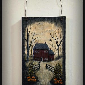 Original &quot;Fall Evening&quot;  5&quot;x10&quot; House Painting on Reclaimed Barn Wood/Primitive/Rustic/Americana Decor